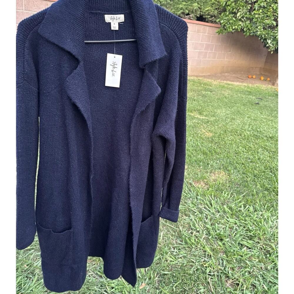 Style & Co Cardigan Duster Navy Blue Size Medium Open Front Long Sleeve Knit NWT